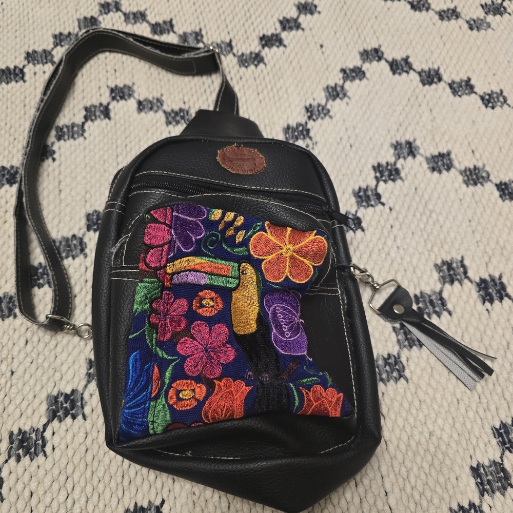Costa Rican Black Pleather Crossbody Bag With Beautiful Embroidery